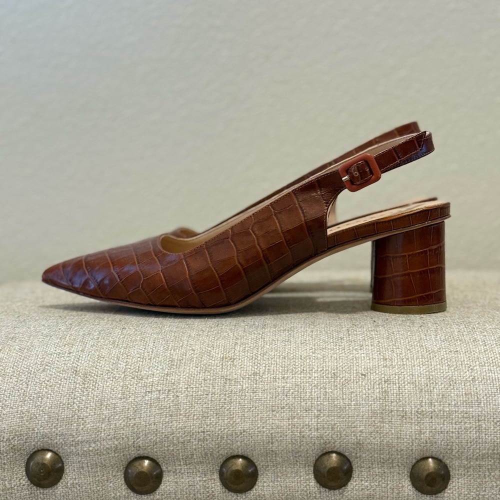 Ma’am Cognac Croc Brown Slingback Heels